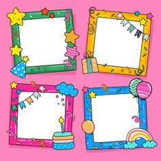 four colorful frames with balloons and stars on them, one has a birthday cake in the middle