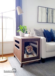 a dog is sitting in its crate on the floor next to a couch and lamp