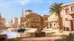 an animated city with palm trees and buildings