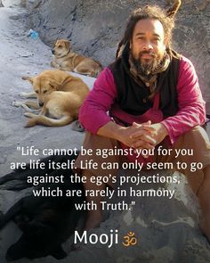 a man sitting on the ground next to two dogs and a quote from mooji