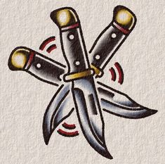 a drawing of two knives connected to each other with red and yellow highlights on them