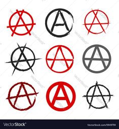 six anarchy symbols in red and black