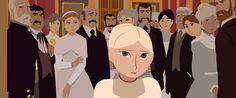 an animated image of a woman standing in front of a group of men and women