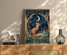 a painting of a fox sitting on top of a wooden dresser