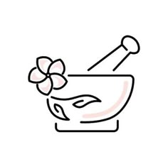 a line drawing of a bowl with a flower in the middle and spoon on top