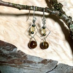 Geo Earrings - Amber, Citrine, Tiger’s Eye, Earrings, Hematite, Pyrite, Solar Plexus Chakra - Studio Selyn Solar Plexus Chakra, Eye Earrings, Solar Plexus, Plexus Products, Citrine, Chakra, Amber, Solar, Drop Earrings