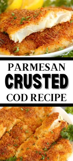 Collage of closeup shot of parmesan crusted cod filets at top and overhead shot of parmesan crusted cod filets at bottom. Casserole Recipes Beef, Cod Recipes Oven, Best Cod Recipes, Cod Recipes Healthy, Crusted Cod