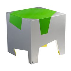 an elephant shaped stool with green and yellow paint on it's legs, sitting in front of a white background