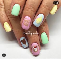 Disney Food Nails, Cute Disney Nails Short, Disney Snack Nails, Disney Pastel Nails, Disney Nails 2024, Disney Easter Nails, Bright Disney Nails, Colorful Disney Nails, Disney Spring Nails