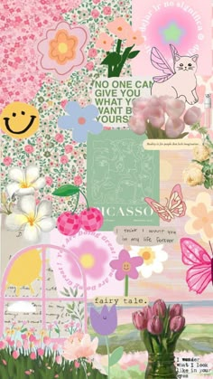 a collage with flowers, butterflies and other things in pinks and yellows