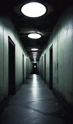 an empty hallway with several doors and lights on either side of the door is lit by a round light