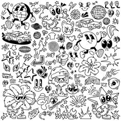 a large collection of cartoon characters drawn in black ink on white paper with stars, circles and