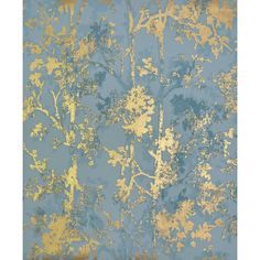 an old blue and gold wallpaper with flowers on it