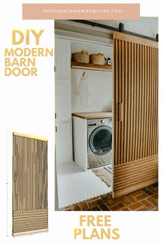 the diy modern barn door is made from wood and has a built in washer and dryer