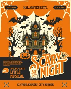 the scary night flyer is shown with pumpkins and bats in front of a house