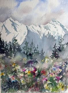 a watercolor painting of mountains and flowers