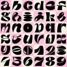 the letters and numbers are drawn in black ink on a pink background, each with different shapes