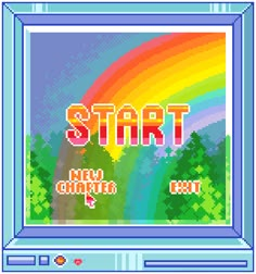 an old computer game with the words start and rainbows in the background, as well as