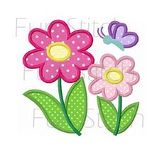 flowers and butterflies with polka dots on the stems are shown in this applique