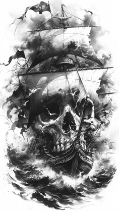 a black and white drawing of a pirate ship in the ocean with skulls on it