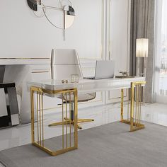 a white and gold desk with two laptops on it in front of a window