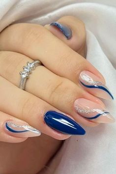 Nail Ideas With Blue Dress, Blue Gel Polish Nail Designs, Blue Nail Inspo Acrylic Almond, Homecoming Nail Ideas Blue, Hoco Nail Ideas Blue, Nails To Go With A Blue Dress, Blue Nails For Graduation, Almond French Nail Designs, Blue Sparkly Nail Designs