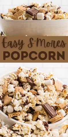 easy and delicious popcorn recipe with marshmallows, chocolate chips, and graham crackers