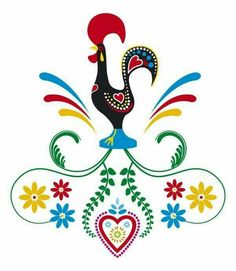 a rooster with colorful flowers and hearts on it's tail, standing in front of a white background