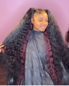 Two Ponytails With Weave In The Back, 2 Ponytails Half Up Half Down Curly Hair, Half Up Half Down Two Ponytails, Cute Weave Hairstyles, Quick Weaves, Long Weaves, Two Ponytails