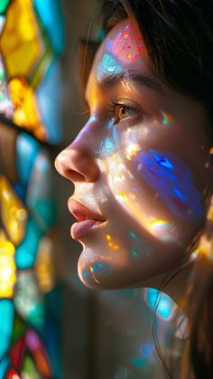 a woman's face is shown with colorful lights coming out of the window behind her