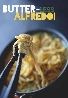 the cover of butter - less alfredo is shown with noodles being held by tongs