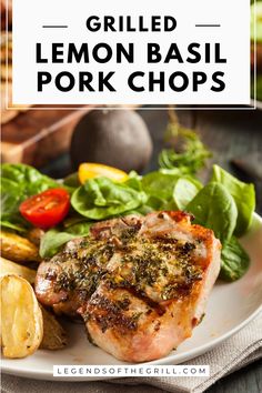 grilled lemon basil pork chops on a white plate