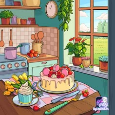 a kitchen scene with a cake on the counter and flowers in pots next to it