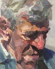 an oil painting of a man's face in different shades of blue and pink