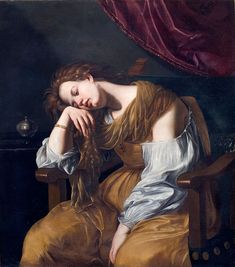 a painting of a woman sitting in a chair with her head resting on her hand