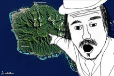 a drawing of a man with a hat on his head in front of a map