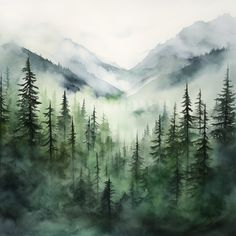 a painting of trees and mountains in the fog