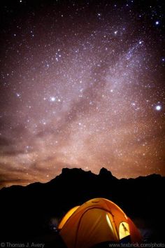 the night sky is filled with stars above a tent