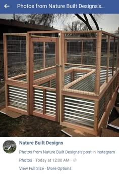 a wooden chicken coop with metal slats on the sides