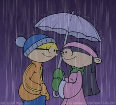 two people standing under an umbrella in the rain, one is kissing the other's head