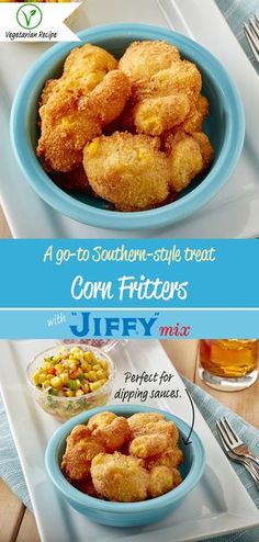 corn fritters are served in blue bowls