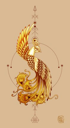 a golden bird with ornate designs on it's wings