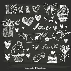 hand drawn valentine's day doodles on blackboard with hearts, flowers and gifts