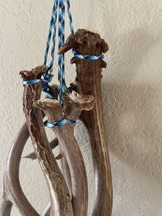 a sculpture made out of driftwood with ropes hanging from it's sides and an animal head on the other side