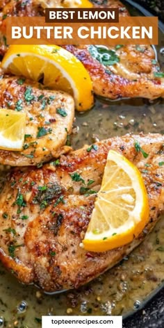 lemon butter chicken in a skillet with herbs and lemons on the side text overlay reads best lemon butter chicken