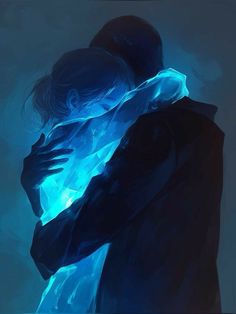 two people embracing each other in front of a dark background with blue light coming from behind them