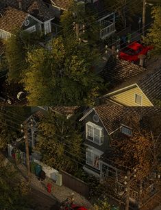 an aerial view of houses and trees with red cars parked on the street below them