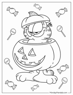 a black and white cartoon character holding a jack - o'- lantern with candy candies around it