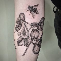 a black and white photo of a flower with a bee on it's arm