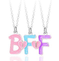 two necklaces with the letters b f and f in different colors, one has a heart